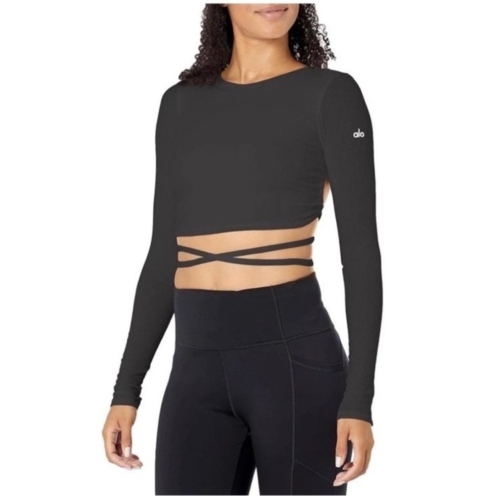 Alo Yoga Manifest Black Ribbed Open Back Tie Waist Long Sleeve Crop Top Women S
